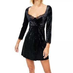 Free People Kat Mini Dress Extra Small Black Velvet Faux Wrap Lace Party Ladies